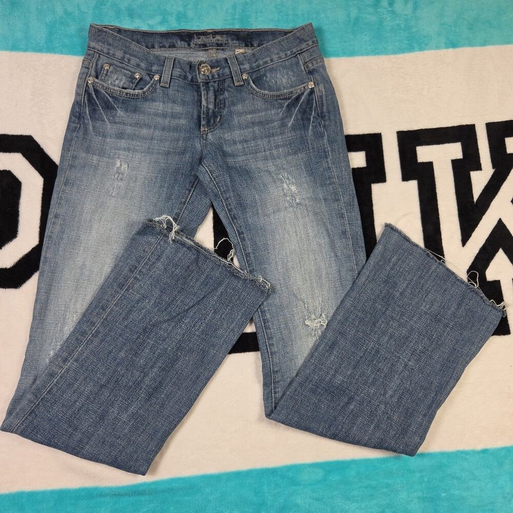 Bebe Premium Denim Vintage Y2K Low Rise Flare Jeans Silver Hardware Size 26